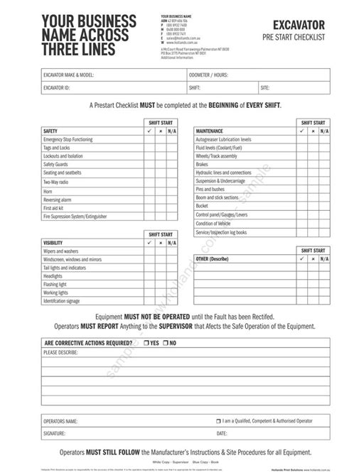 excavator prestart log book